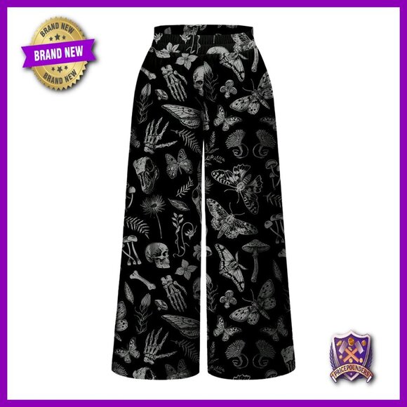 Pants - Plus Size Wide Leg Palazzo Pants Elastic Waist Skull Print Goth Streetwear